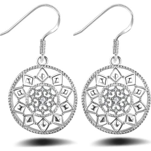 Ethnic Hollow Out Original 925 Sterling- Silver Drop Earrings For Women Geometric Flower Statement Birthday Party Jewellery Gift