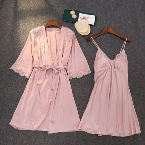 Flower Lace Trim Sweet Kimono Robe Gown Set Women Spring Summer New Ice Silk Sleepwear Sexy V-Neck Intimate Nightgown Home Dress