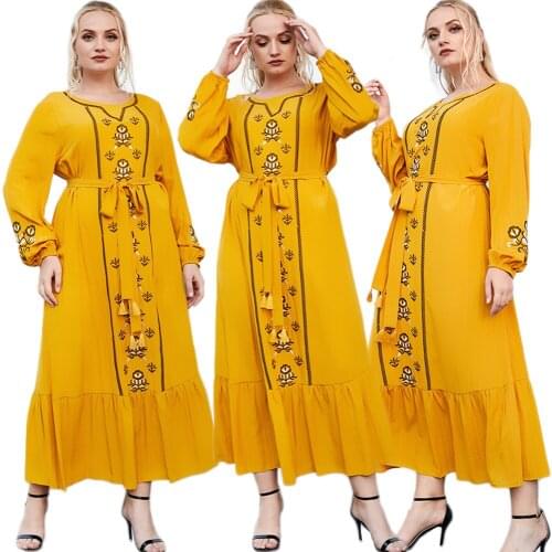 Women Embroidery Ethnic Long Dress Muslim Fashion Maxi Robe Gown Islamic Clothing Turkey Middle East Ramadan Dubai Caftan Abaya