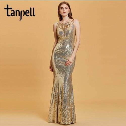 Tanpell sequins mermaid evening dress daffodil sleeveless floor length gown women scoop neck party formal long evening dresses