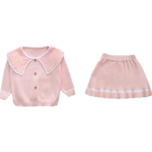 DFXD Korean Toddler Girl Knitted Clothes Set Spring Autumn Turn Down Collar Button Cardigan+Skirt Princess Cotton Clothing 2PC