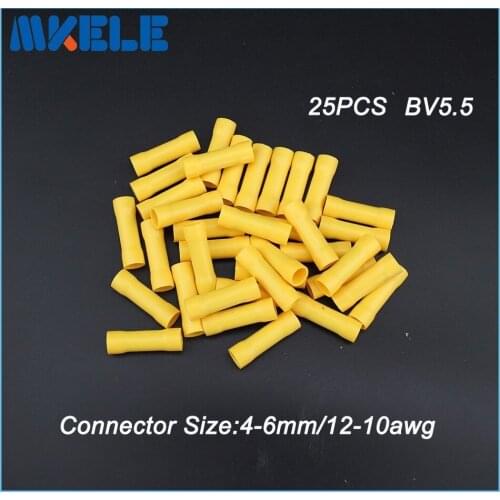 25pcs BV5.5 Insulated Straight Wire Butt Connector Electrical Crimp Terminals 12-10awg