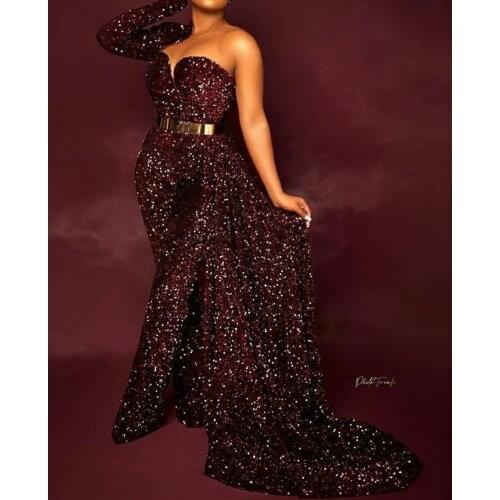 Burgundy Jumpsuits Prom Dresses With Detachable Train One Shoulder Plus Size Arabic Sequined Beaded Evening Gown Formal Party