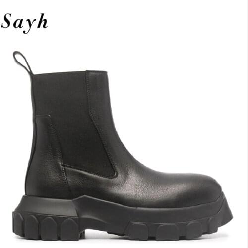 Fashion Brand Female Ankle Boots Combat Leather Shoes Platform Heels Shoes Women Black Stretch Chelsea Booties