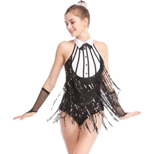 Black & White Sequins Tap & Jazz Costume Fringes Tassel Dress Dance Performance Wear