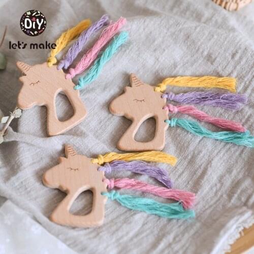 Lets Make Baby Teether Unicorn 1PC Printing Wholesale Animal Cartoon Tassel Beech PVC Free Wooden Rodent Baby Teething Product