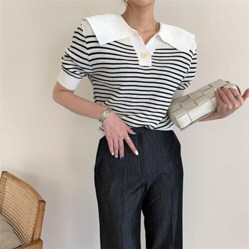 HziriP Hot 2021 Vintage Loose Striped All Match Thin Office Lady Work Pullover Short Sleeve Slim Knitted Sweaters Womens Tops