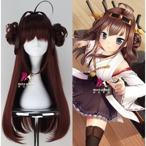 Kantai Collection Cosplay Kongou 70cm Long Straight Reddish Brown Hair with Two Bun Women Synthetic Hair for Anime Party Costume