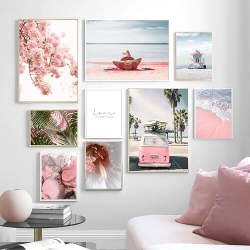 Pink Flower Leaf Beach Girl Car Landscape Wall Art Canvas Painting Nordic Posters And Prints Wall Pictures For Living Room Decor