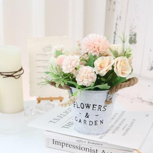 Classic Home and Garden Tin Bucket Artificial Flower Bonsai Fake Flower Potted Ornaments Office Desk Decor DIY Party Decoration