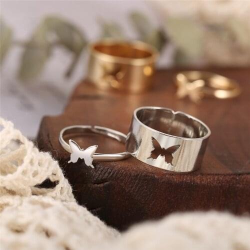 2pcs Fashion Butterfly Rings For Women Men Gold Silver Color Lover Couple Butterfly Rings Set Opening Engagement Wedding Jewelry