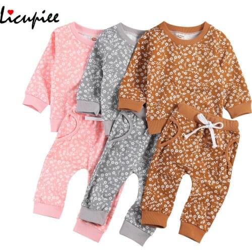 Infant Two-piece Clothes Set, Babies Floral Printed Pattern Round Collar Top + Long Pants, Khaki/ Pink/ Grey 0-24 Months