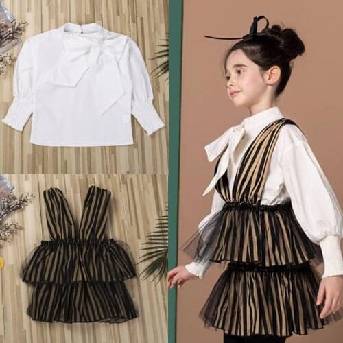 2 Pieces Kids Suit Set, Girls Solid Color Stand Collar Long Sleeve Shirt+ Striped Suspender Skirt, White Spring Autumn Outfits
