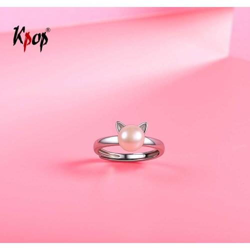 Kpop 925 Sterling Silver Cat Kitty Ring Enagement Wedding Jewelry AdjustableTiny Dainty Ring Natural Freshwater Pearl Ring R6008