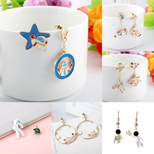 Creative Cute Astronaut Crystal Drop Earrings Rocket Planet Blue Universe Star Moon Asymmetric Earrings for Women Girl Gift