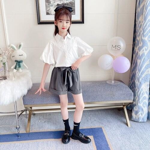 Summer girls shirt bubble sleeve fashion loose Short Sleeve Shirt New temperament solid color shorts suit