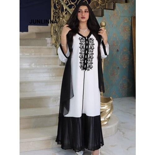 Linen and Chiffon Patchwork Dresses Fashion New Women All Seasons Muslim Dress Embroidery Robe Vestidos with Heard Scarf