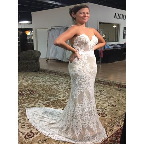 2020 New Style Beautiful Custom-made Wedding Dress Cotton Lace Sheer Back Mermaid Vestido De Noiva Bridal Gowns Robe De Mariee