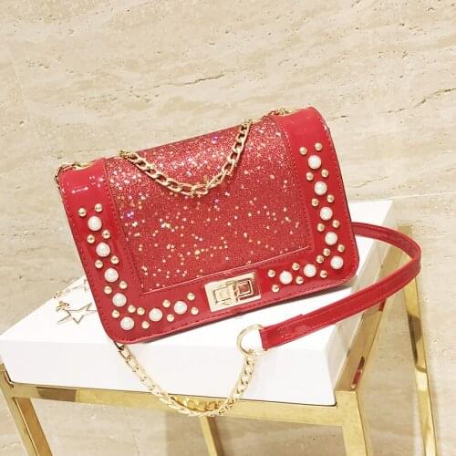 2021 New Womens Bag Fashion Chain Handbag Sequin Square Sling Bag Spring Versatile Pearl Luxury Flap Womens Crossbody Bag