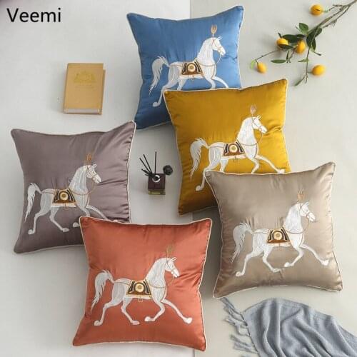 New Chinese Style Embroidery Galloping Horse Cushion Cover Red Orange Silk Luxury Waist Pillowcase Decoration for Living Room