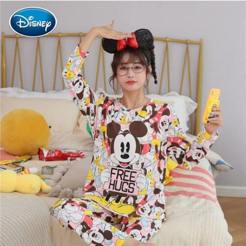 Mickey print pattern girl pajamas autumn and spring long-sleeved pajamas cartoon thin hooded cute home service suit