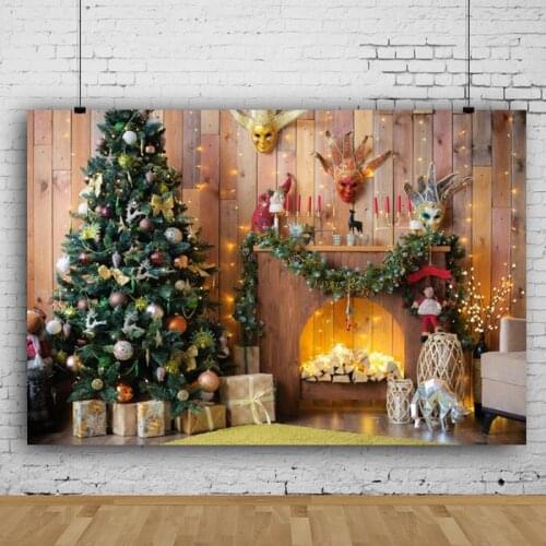 Merry Christmas Tree Ball Gift Star Pillow Window Rural House Baby Child Portrait Photo Backgrounds Photography Backdrop