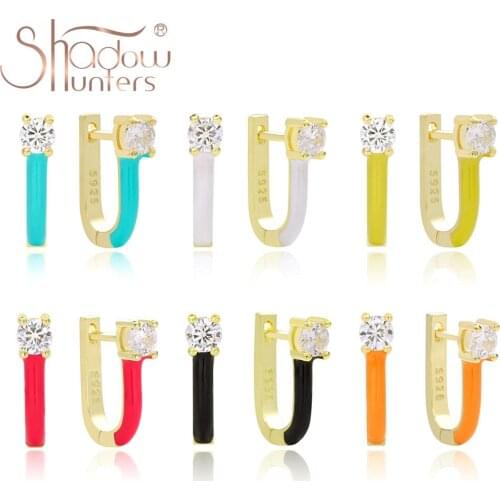 SHADOWHUNTERS 100% 925 Silver Colorful Pave Enamel Huggie Hoop Earrings with Zircon CZ Epoxy Earrings Women Party Jewelry 2020