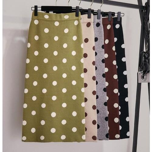 Polka Dot Print Women Knitted Skirt 2020 Autumn Winter High Waist Warm Split Party Skirts Ladies Office Pencil Skirts Plus size