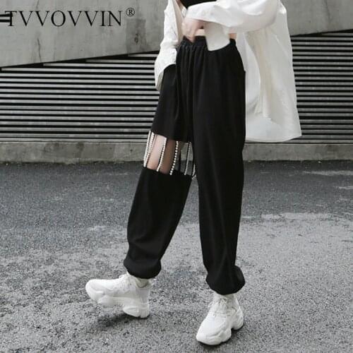 TVVOVVIN 2020 New Spring Autumn High Elastic Waist Loose Pearls Hollow Out Pockets Long Pants Women Trousers Fashion Tide C643