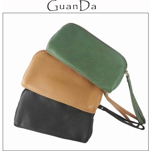 Genuine Leather Zip Pouch Clutch Wallet Women Purse Wristlet Vanity Makeup Bag Pencil Case Lady