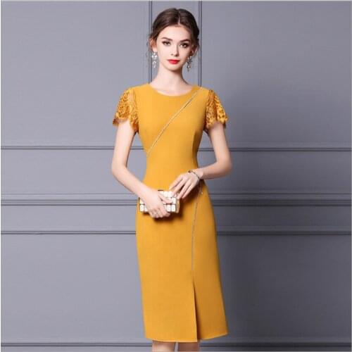 Flare Lace Sleeve Yellow Purple Red Color Summer Women Dress Split Diamond Lady Pencil Skirt Curvaceous O-Neck Big Size Skirts