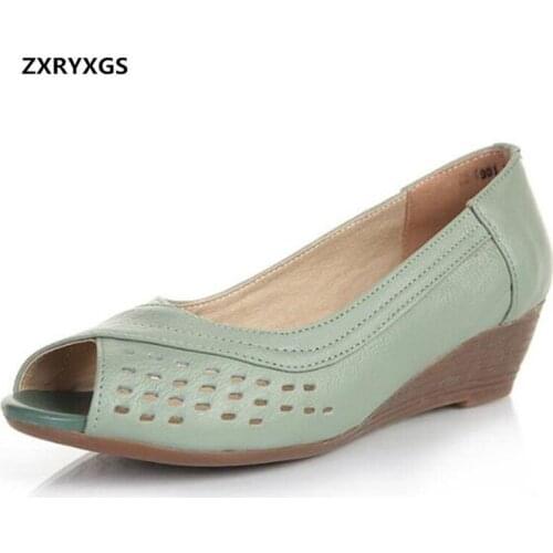 ZXRYXGS Brand Sandals Women Shoes 2020 Summer Soft Comfortable Real Leather Sandals Wedges Hollow Casual Shoes Sandals Plus Size