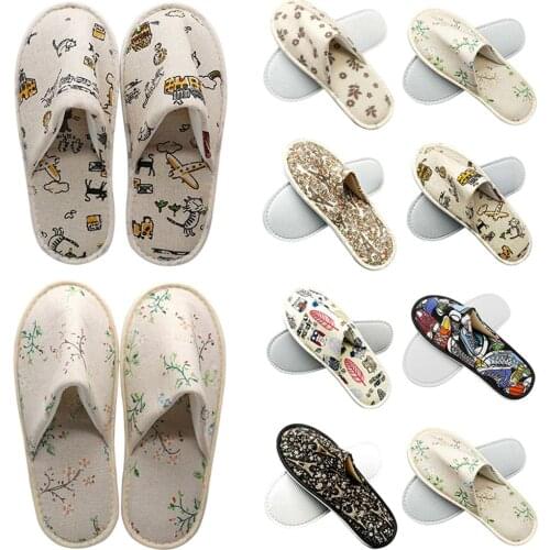 1 Pair Portable Disposable Thickened Tree Leaf Print Linen Closed Toe Slippers Hotel Travel SPA Shoes Home Guest Slippers