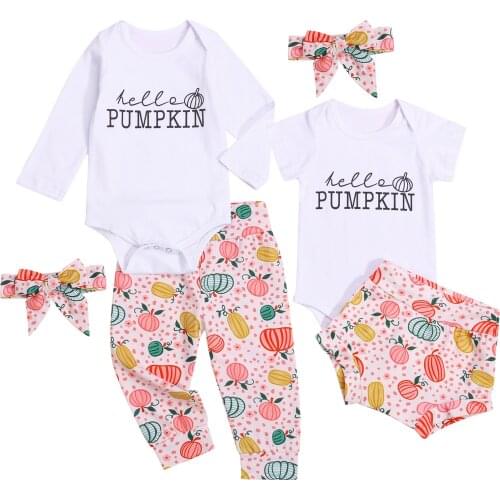 2021 0-24M Baby Girls Clothing Letters Short/Long Sleeves Romper+Pumpkin Print Shorts/Pants+Hairband Casual Outfits 3pcs Set