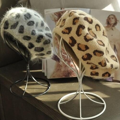 2021 Winter Warm Rabbit Fur Knitted Hats for Women Fashion Leopard Touca caps Winter Hat Female Beret Cap
