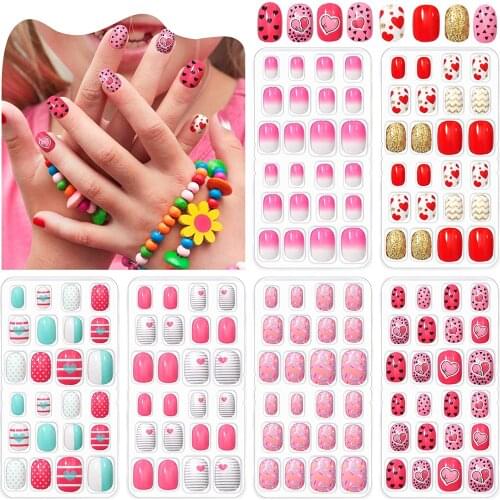 24Pcs kids press on nails/fake kids nails Artificial False Kids Press On Pre glue nails, no glue needed, 24 pieces,fake nails