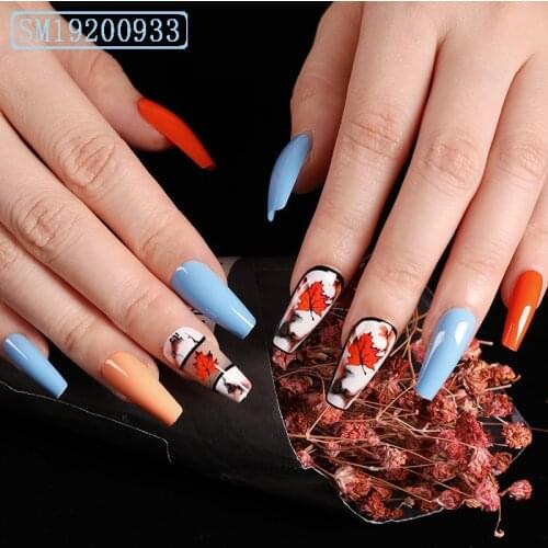 24pcs Maples leaf Printed Nail Patch Glue Type Removable Long Paragraph Fashion Manicure Save Time False Nail Patch DL