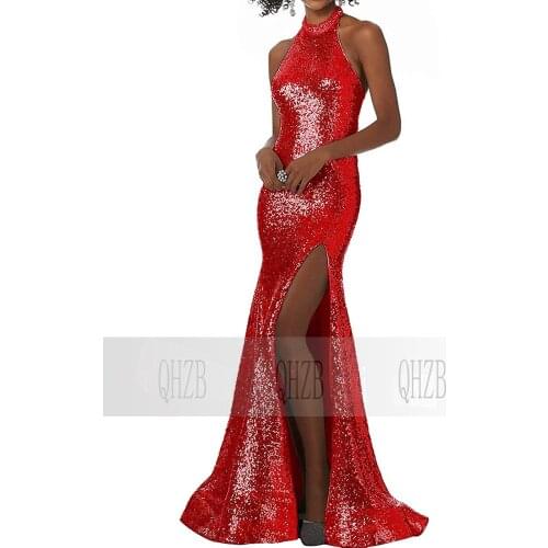 271 Red New Fashion Halter Mermaid/Trumpet Sequins Long Women Evening Dress/Bridal Engagement Prom Gowns PLus Size Free Shipping