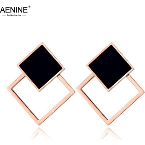 AENINE Trendy Titanium Stainless Steel Black Acrylic Double Square Stud Earrings OL Style Geometric Jewelry For Women AE19077