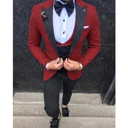 Shinny Men Suit Red Blazer Black Pants Vest Set Groom Tuxedos Peak Lapel Male Suits Wedding Best Man 3 Pieces Prom Dress 2021