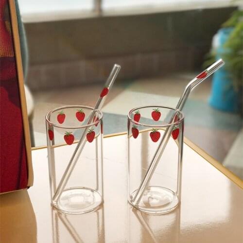 Strawberry Cups with Straws Creative Transparent Student Breakfast Milk High Temperature Heat-resistant Glass Drinkware