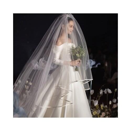 Real Photo White/Ivory Two Layer Wedding Veil 3.5m Ribbon Edge Mantilla Bridal Veil Of Bride Wedding Accessories Veu De Noiva 45