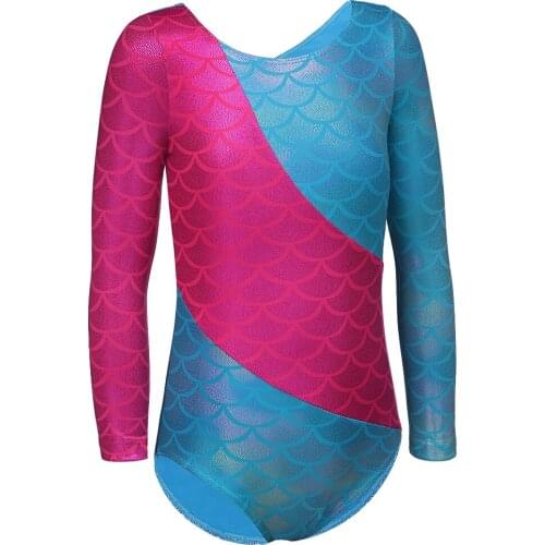 Girls Gymnastic Leotard Ballet Tutu Dancewear Long Sleeve Simulation Mermaid Oblique Stripe Acrobatics Ballet Dancesuit 2-10Y