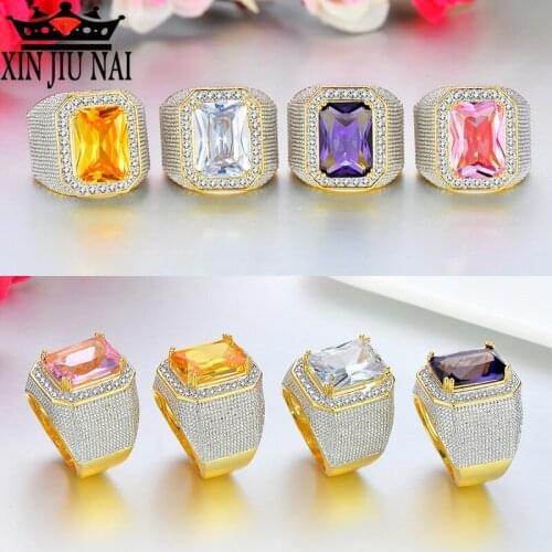 Hip hop Big Stone men ring High quality Gold color Purple Pink White Yellow CZ rings US Punk big boss Jewelry Bague homme Anel