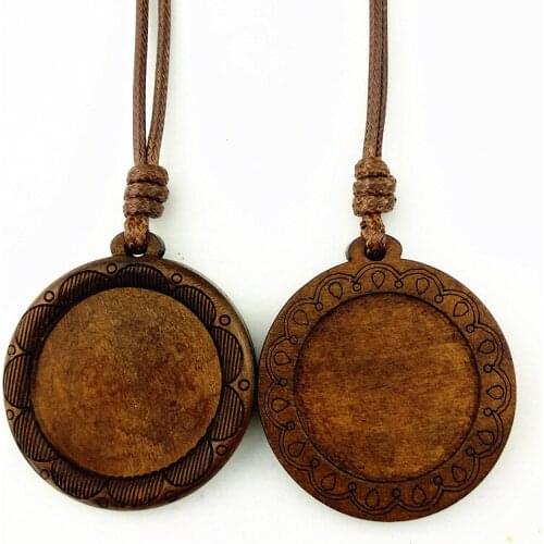 24pcs Brown Wood cabochon settings 25mm dia round blank wooden base with leather cord for necklace making Semi-finished Necklace