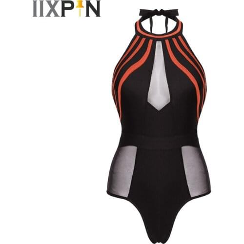 Summer Women One-piece Swimsuit Bodysuit Sexy Mesh Patchwork Halter Neck Sleeveless Monokini Swimwear Bathing Suit Beach Wear