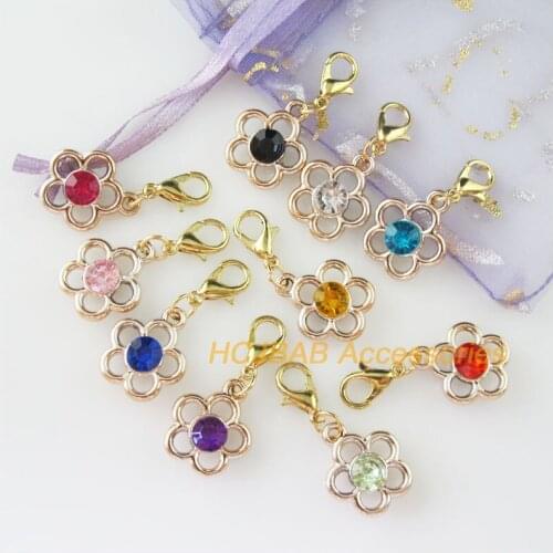 Fashion 10 New Flower Charms With Lobster Claw Clasps KC Gold Color Mixed Crystal 15x17mm