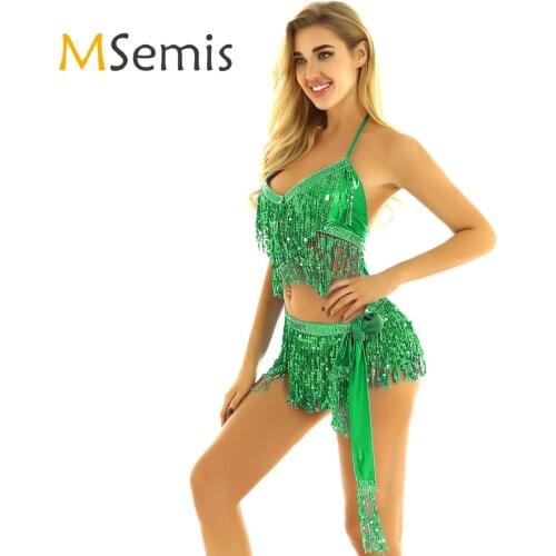 MSemis Women Pole Dance Bra Top Hip Scarf Wrap Skirts Carnival Rave Festival Clothing Shiny Sequin Tassels Belly Dance Costume
