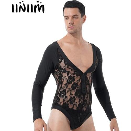 Men Underwear See-through Floral Jumpsuit Lace Patchwork Bodysuit Sexy Deep V Neck Long Sleeve Button Closure Leotard Sleepwear