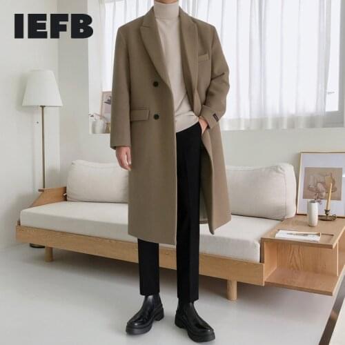 IEFB Mens British Style Korean Fashion Autumn Winter Woolen Tweed Loose Coat Pockets Medium Length Thickened Windbreaker 9Y8449